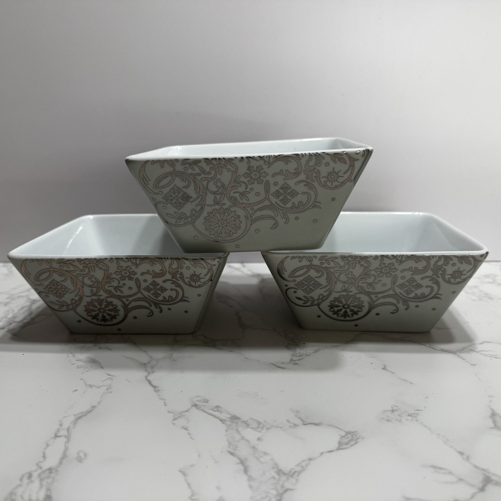 New Set Of 3 Noble Excellence Silver Snowflake Square Soup Cereal Bowl